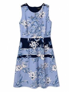 Enfocus Studio Blue Floral Dress Women’s 14 Sleeveless A-Line Fit & Flare Midi